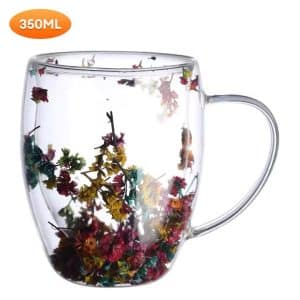 Dry Flower Double-layer Glass Cup Household Coffee Cup with Handle Dried Flower Decorated Coffee Cup Milk Mug for