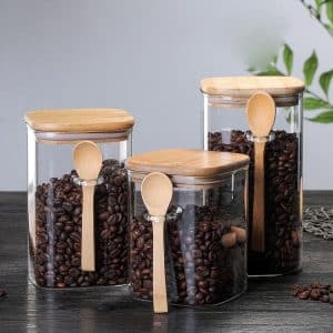 3pcs Square Shape Glass Spice Candy Coffee Beans Storage Jar with Wooden Spoon and Airtight sealed Lid 800ml 1000ml, 1200ml,