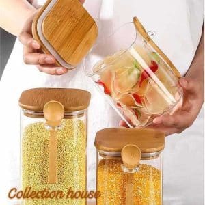 3pcs airtight glass jar set with bamboo lid and spoon