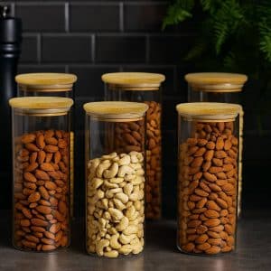 1000ml 12 pcs set Bamboo Spice Jars - Large Spice Jars with Bamboo Lids - Seasoning Glass Jars with Airtight Lids - Spice Jars Lids Bamboo Containers Herb Jars Spice Rack - Spice Organization