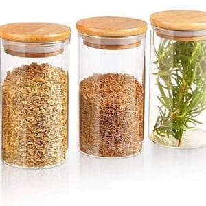 320ml Round Glass Jar Food Storage Containers with Airtight Bamboo Lid Kitchen Food Storage Glass Jars & Containers With Wooden Lid Rice, Sugar, Tea, Coffee Containers (6 PCS SET)