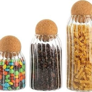 3 Pack Glass Jar Cork Ball Lid, Food Storage Canister, Clear Candy Jars Decorative Organizer Bottle Containers for Kitchen, Tea, Sugar, Coffee, Spice Set of 3 (500/700/1200 ML)