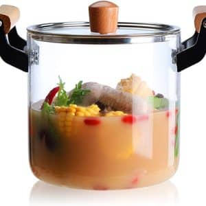 5.5L Glass Saucepan with Cover,Clear Glass Cooking Pot,Wood Handle Stockpot Soup Pot Noodle Pot,High Borosilicate Heat-Resistant Glass Pot Pasta Pot Cookware,Can Be Heated by Open Fire (Transparent 5.5L)