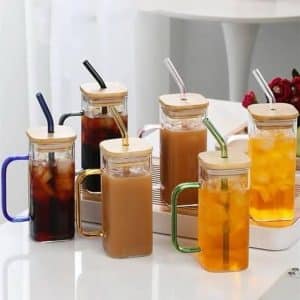 6 pcs set Clear Square Glass Coffee Mugs with Lid and Straw Copy