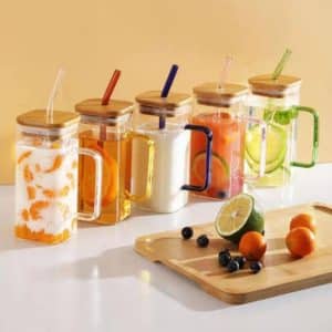 5pcs set Clear Square Glass Coffee Mugs with Lid and Straw