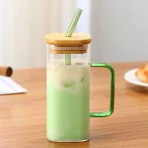 1 pcs set Clear Square Glass Coffee Mugs with Lid and Straw