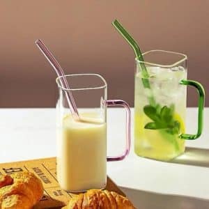 2 pcs set Clear Square Glass Coffee Mugs with Lid and Straw