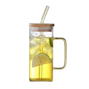 1 pcs set Clear Square Glass Coffee Mugs with Lid and Straw