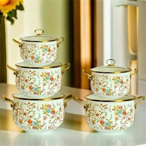 3pcs set 24cm, 26cm 28cm  Enamel Soup Pot Retro Flower Bird Binaural Large Capacity Stew Pot with Lid Home Enamel Utensils for Kitchen Delicate Cookware