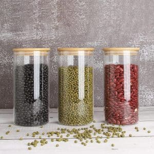 3 pcs set 1000 ml Borosilicate Glass jar storage Jar with Wooden Lid Kitchen Containers Air Tight Modular Glass Jar for for Cereal, Spice, Pickle - 1000ml,Set of 3 Pcs, Heat Resistant/Microwave safe Copy