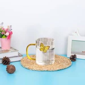 Borosilicate 3d Butterfly Striped Glass Water Cup Creative Colored Handle Glass Water Cup
