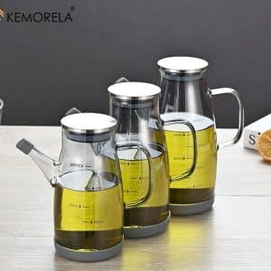 3pcs set 600/800/1000ML Glass Oil Pot For Seasoning Bottle 1Pc With Graduated Stainless Steel Lid Anti-Leak Anti-Slip Barbecue Oil Bottle
